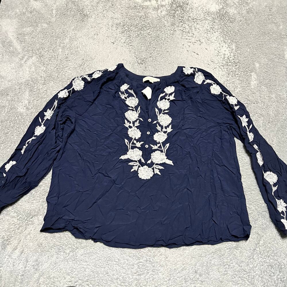 LOFT Shirt Womens XL Embroidered Long Sleeve Blouse Navy Blue India